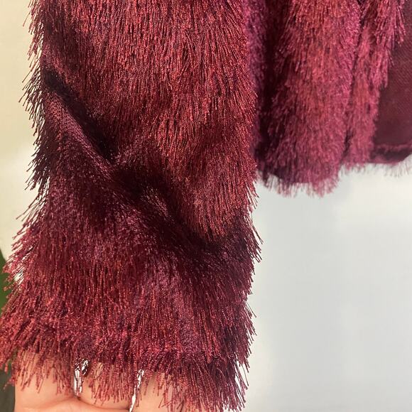 H&M Burgundy Maroon Shaggy Chevron Open Front Karma Jacket Faux Fux Fringe Sz M - Picture 2 of 9